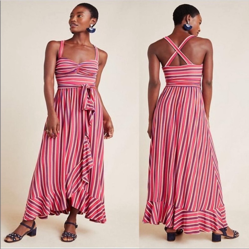 Anthropologie Maeve Gabriela Ruffled Maxi Dress Cross Back Pink Stripe Small